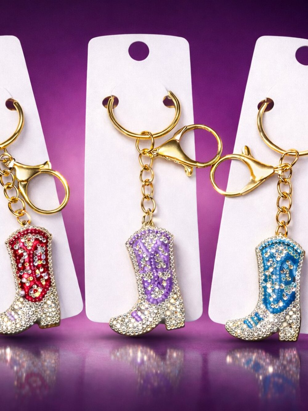 Rhinestone Cowboy Boot Keychain Set of 3 โ Western Bling Crystal Bag Charms - Picture 5 of 6